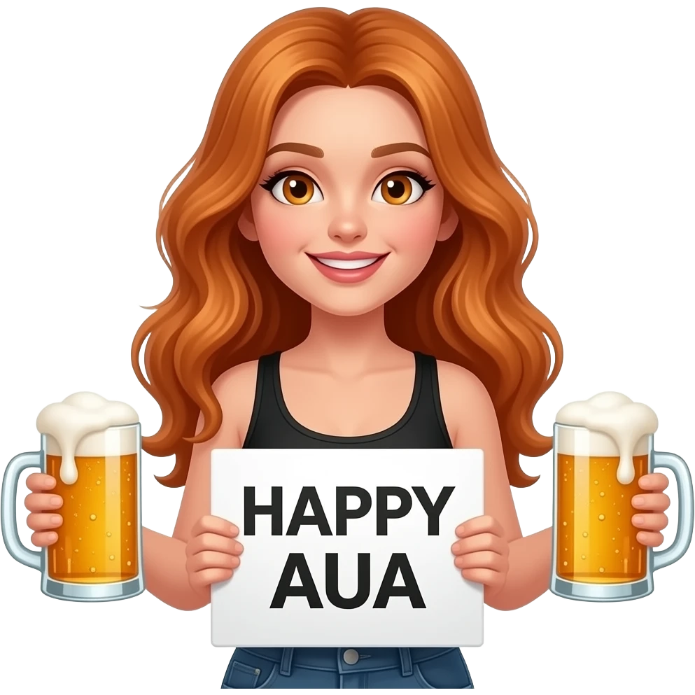 sexy girl with long wavy ginger hair and ginger eyes wearing a black tanktop is holding a white colored sign with 🍻 HAPPY AUA 🍻 written on it emoji