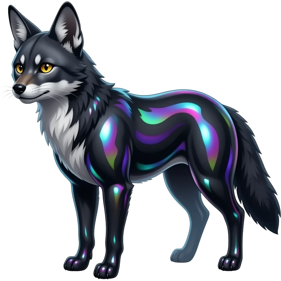 Shiny Colorful Dusky Dark Gloomy Glossy Aardwolf-Maned-Wolf-Genet-Bobcat-fusion-animal-hybrid-creature, full body emoji