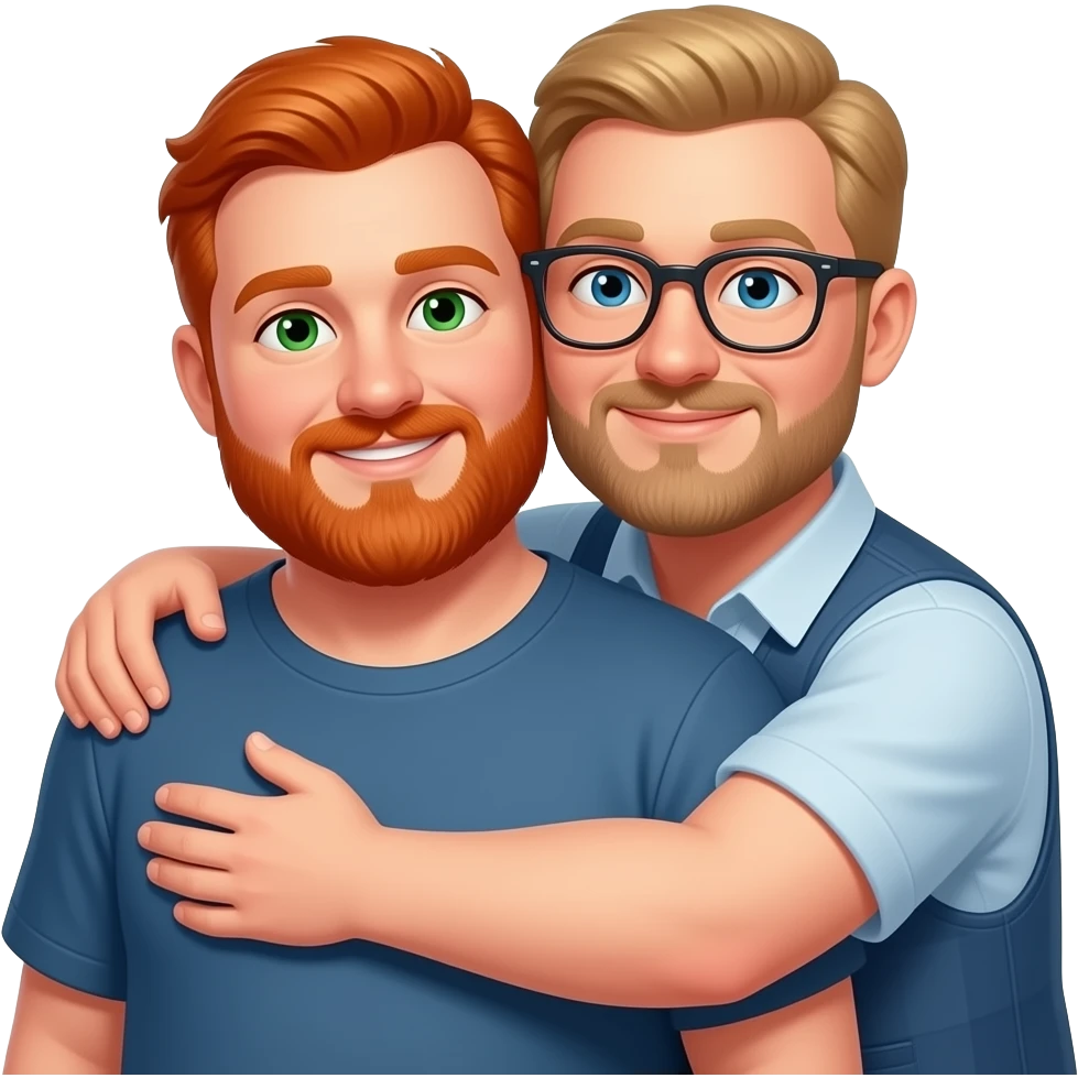 Red haired chubby man with green eyes and short beard hugging his husband who is chubby blonde man with short beard and wearing glasses. emoji