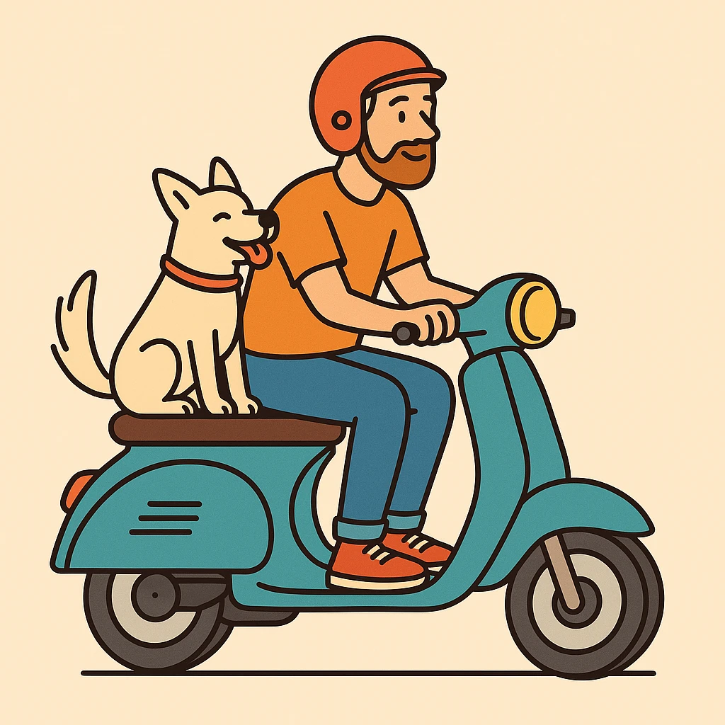 color vector art with thin outline of man and pet dog riding a scooter emoji