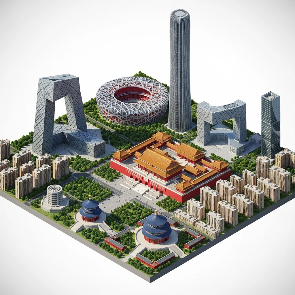 Isometric miniature of Beijing Forbidden City, Tiananmen Square, CCTV Headquarters, Temple of Heaven, China Zun skyscraper, Bird’s Nest Stadium, Beijing apartment blocks, 3D miniature effect and Tilt Shift effect, no cartoonish look, transparent background, don't cut angles emoji