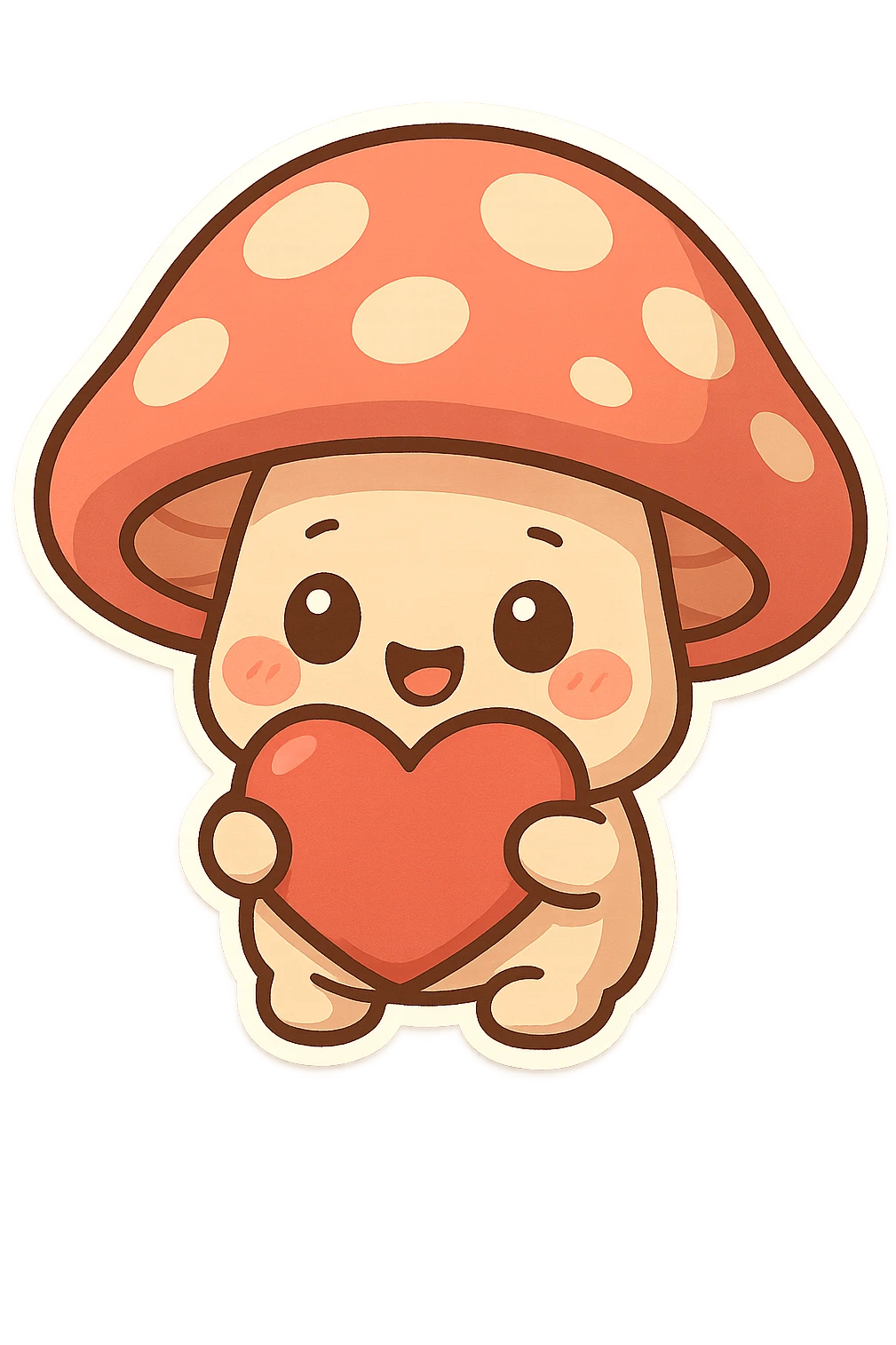 chibi sticker-style mushroom with a big heart, cute and exaggerated emoji