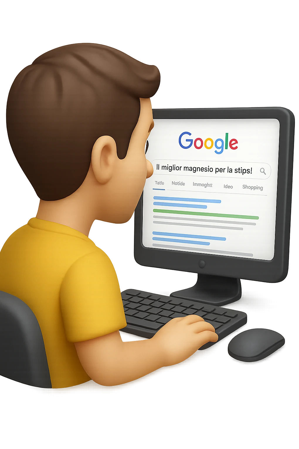 emoji stile iphone di un uomo davanti al pc che cerca di google: "Il miglior magnesio per la stipsi", iperrealistico 4k emoji