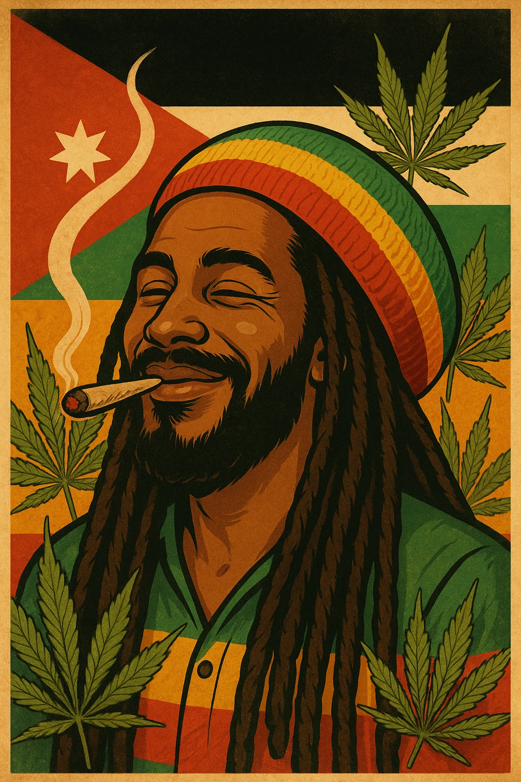 A digital vintage-style poster illustration of a Jordanian Rasta man with dreadlocks, wearing a red, yellow, green striped tam hat. He is smiling peacefully with a lit herbal spliff in his mouth. The background features the official Jordan flag — black, white, green horizontal stripes with a red triangle and a white 7-point star — accurately displayed behind him. Cannabis leaves are tastefully arranged around the composition, and the poster includes Rasta color textures blended with the Jordanian palette. Use a retro poster style with warm, slightly aged textures, bold outlines, and soft shading to evoke a soulful reggae vibe that honors both Jordanian pride and Rasta spirit. The mood is chill, powerful, and respectful emoji