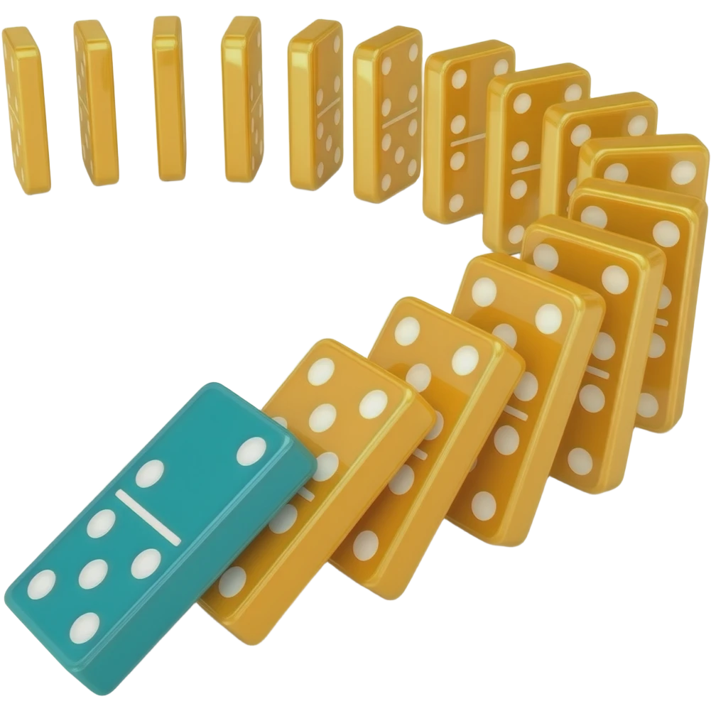 Modern 3D render of sleek dominoes falling in a chain reaction. The lead domino is teal, triggering a cascade of glowing orange dominoes. Modern minimalist aesthetic, glossy finish, isometric view, soft shadows, white background. emoji