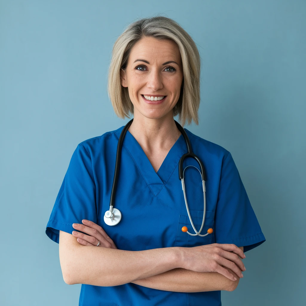 A middle aged female nurse wearing scrubs emoji
