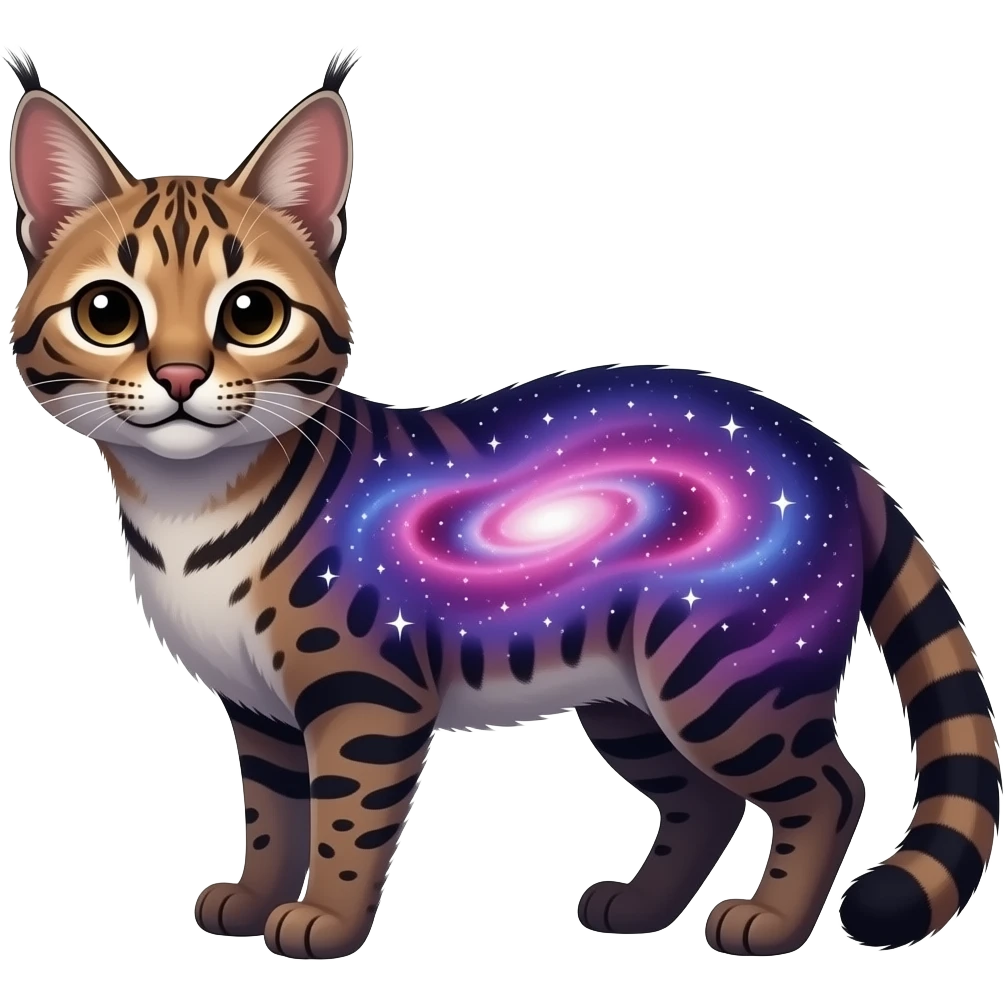 Colorful black-violet-indigo-purple-gradients nebulae nebula starry galactical shiny white-stars-spotted glorious iridescent divine exotic cute cool beautiful realistic caracal-civet-genet-vernid-Cacomistle-Trico-oncilla-animal-Fakémon-hybrid-fursona (full body) emoji