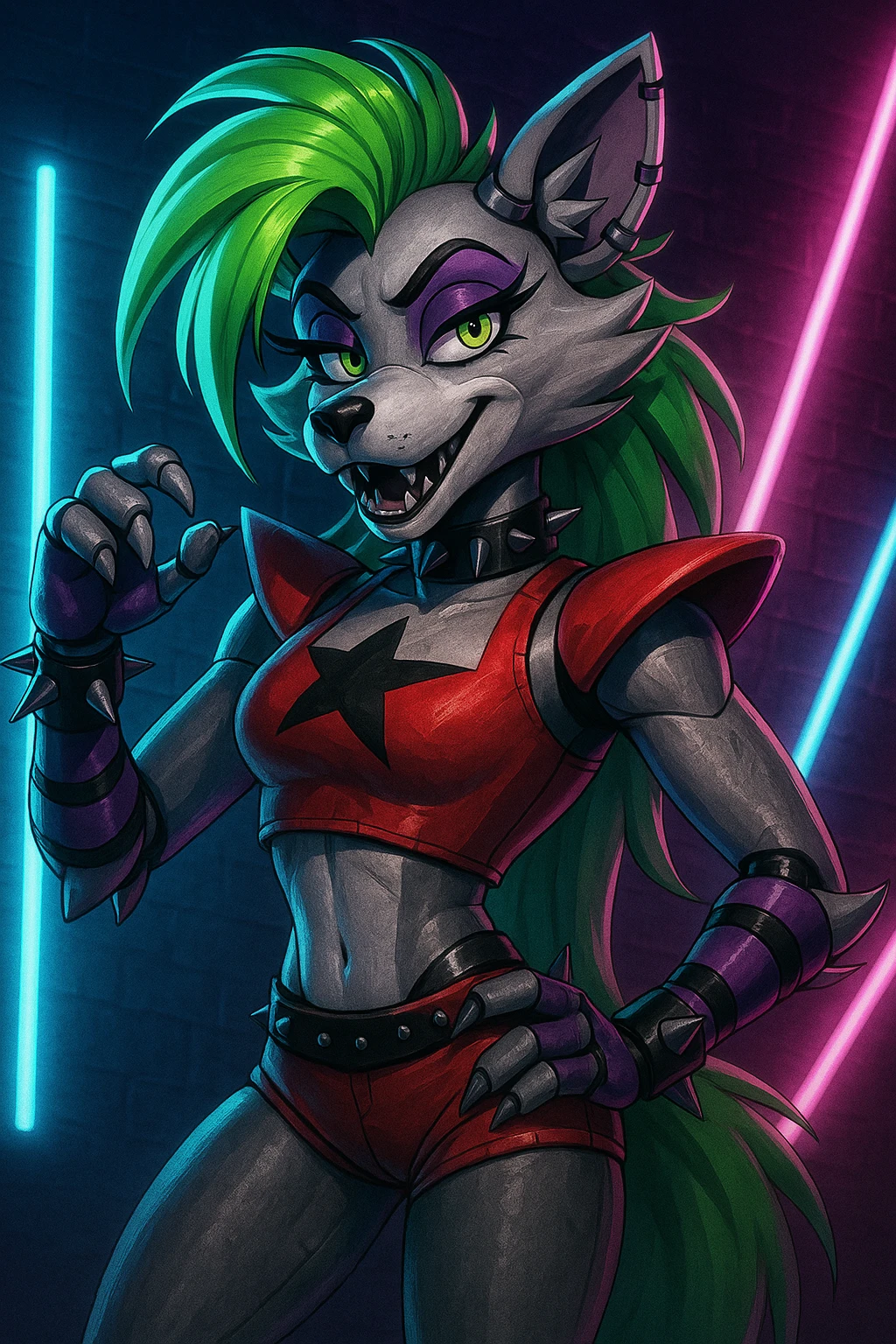 Roxanne Wolf from Five Nights at Freddy's: Security Breach, stylized as a cool, confident animatronic wolf with green hair, purple accents, and a punk rock vibe emoji