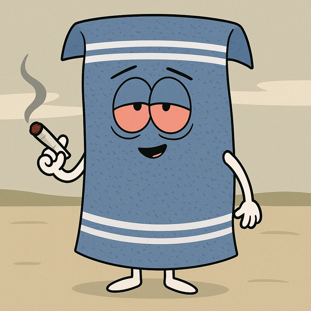 blue towel character in South Park cartoon style, red eyes, holding a joint, looks stoned emoji