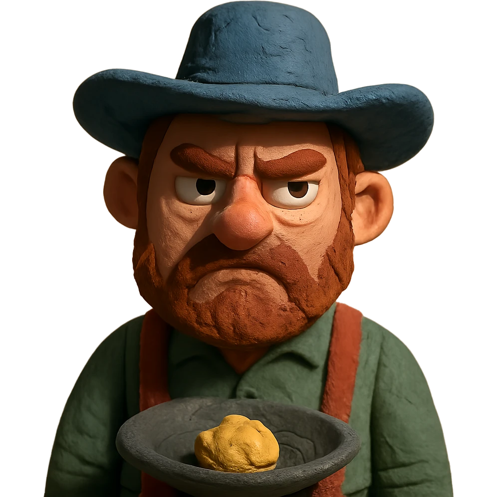 claymation annoyed face, 1849 gold rush theme, period hat emoji