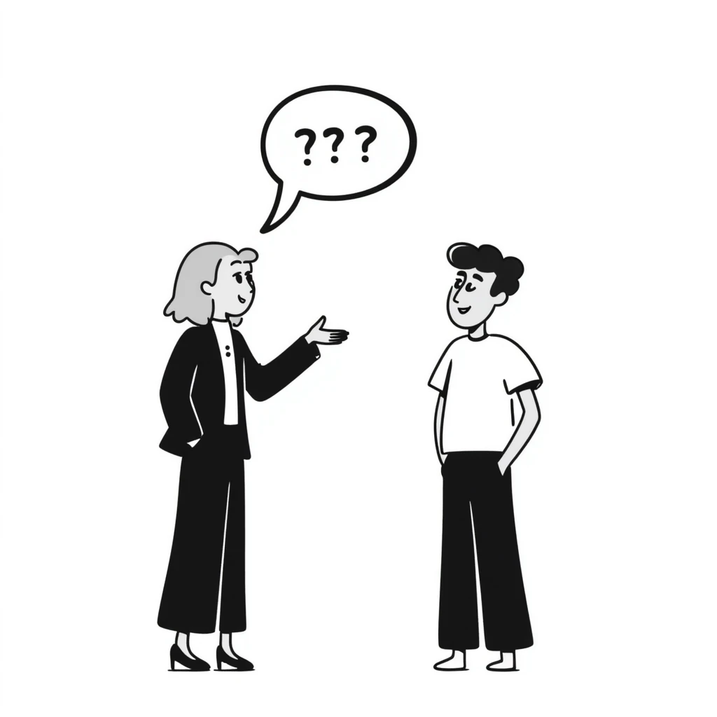 A blonde woman in a black suit talking to a brown-haired man in a white t-shirt. The woman has a speech bubble above her head. The woman is talking and the man is smiling. emoji