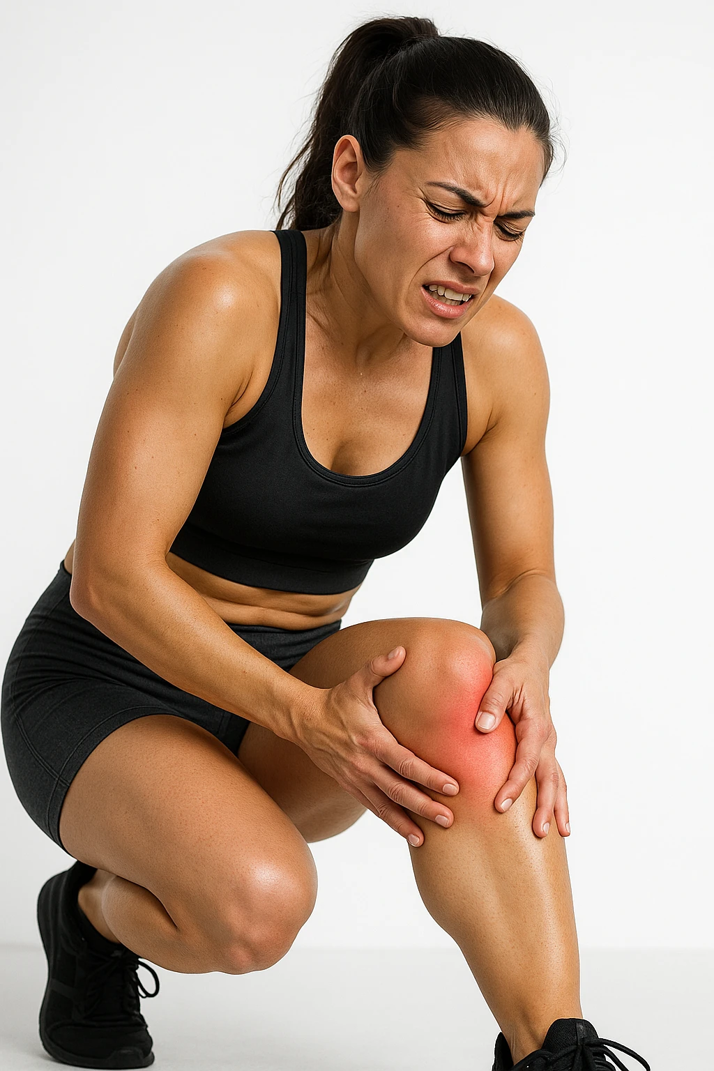 donna fitness che si tocca la gamba dolorante con espressione di dolore in volto, sente le gambe pesanti, iperrealistica 4k, sfondo bianco emoji