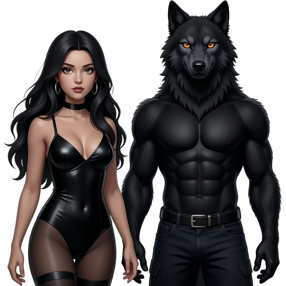 Sexy scary. Female and male humanoid Dark werewolves with glowing orange eyes. Fantasy emoji