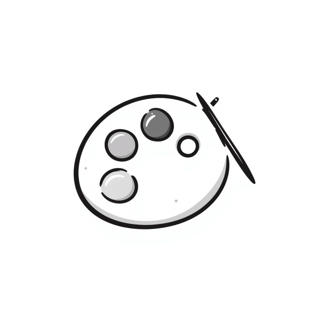 An artist's paint palette with thumb hole and paint colors in pastel colors (dd9fb0, ffc6d3, a3bfc9, c4bee2, f1b091), hand-drawn doodle style emoji
