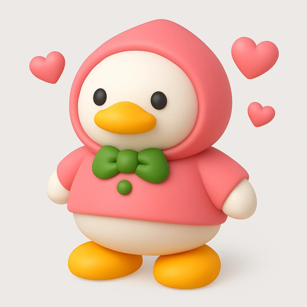 3D iOS style emoji of a duck wearing a pink hoodie with green buttons and yellow shoes, mimicking the colors and composition of the reference image, add pink hearts emoji