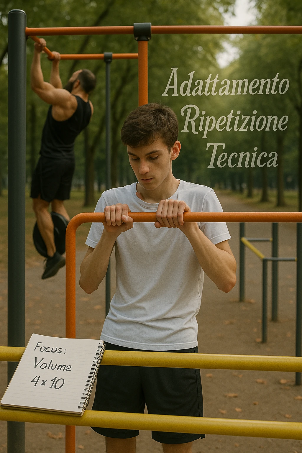 Giovane atleta principiante, fisico asciutto ma non muscoloso, si allena in uno street park con sbarra e parallele. Sta eseguendo serie lunghe di trazioni a corpo libero, concentrato sulla tecnica e sul controllo. Vicino a lui si vede un block notes con scritto a penna 'Focus: Volume, 4x10', mentre in lontananza un altro atleta molto più grosso fa una singola ripetizione con zavorra pesante. Il neofita guarda il suo diario, non gli altri. L’ambiente è sereno, luce naturale, atmosfera di crescita e disciplina. Sullo sfondo si intravedono i concetti scritti in aria con stile metaforico: 'Adattamento', 'Ripetizione', 'Tecnica', fluttuanti accanto a lui emoji