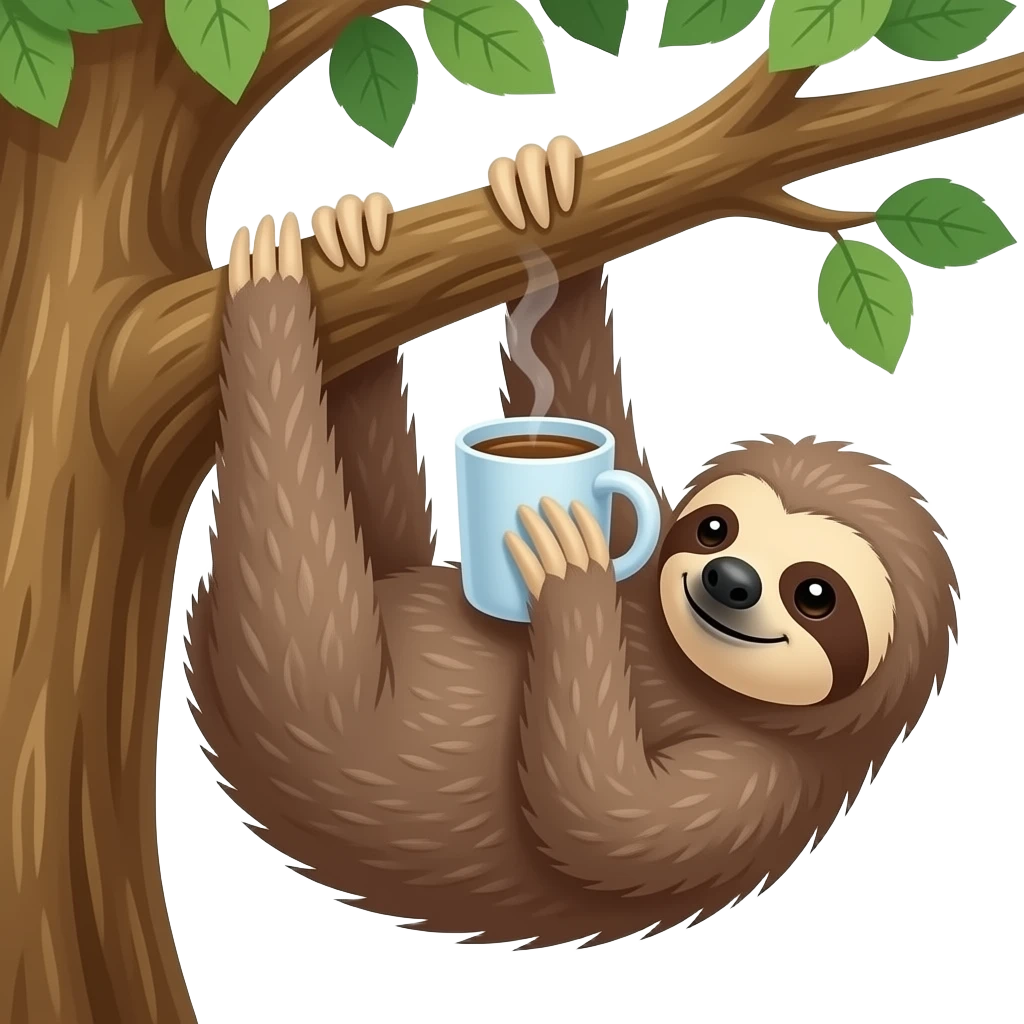 hanging sloth with long limbs big tree drink morning coffee emoji