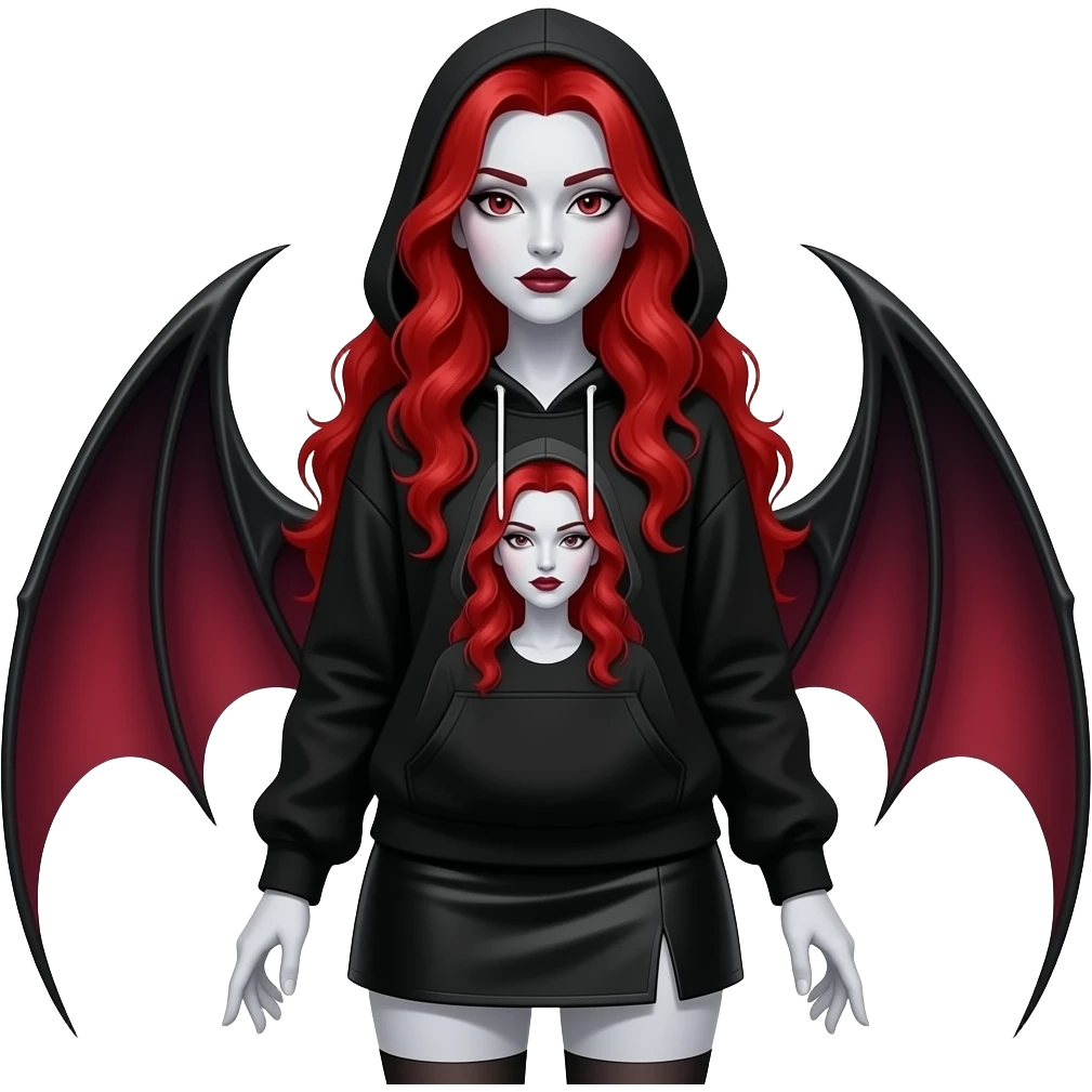 Vampiro femmina con capelli lunghi rosso fuoco ondulati con pelle bianca che indossa una gonna corta nera e una felpa che abbraccia la madre VAMPIRO emoji