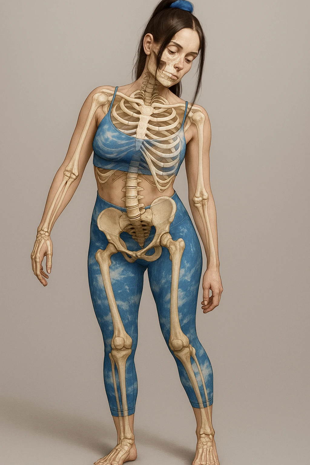 Donna in abbigliamento sportivo, postura asimmetrica, stile medico realistico, muscoli e ossa visibili, evidenzia la compressione delle coste sul lato corto, sfondo neutro, formato verticale. emoji