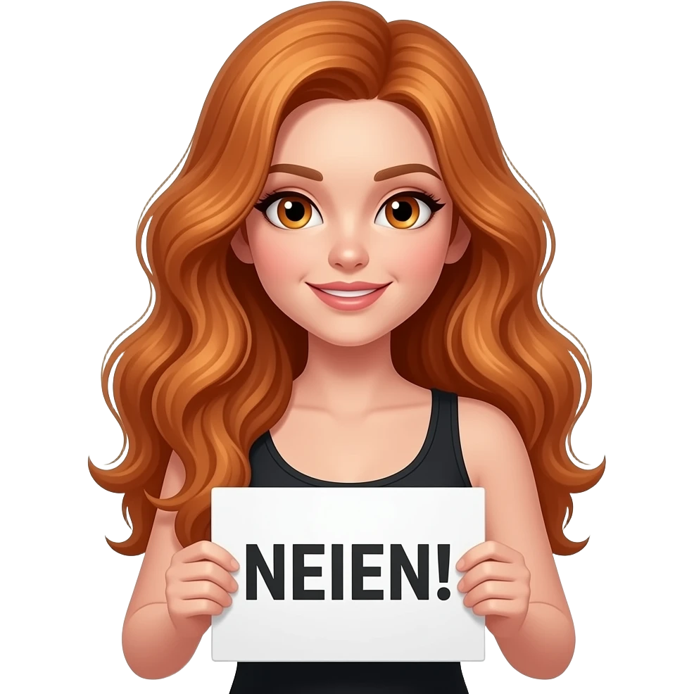 sexy girl with long wavy ginger hair and ginger eyes wearing a black tanktop is holding a white sign with NEIEN! written on it emoji