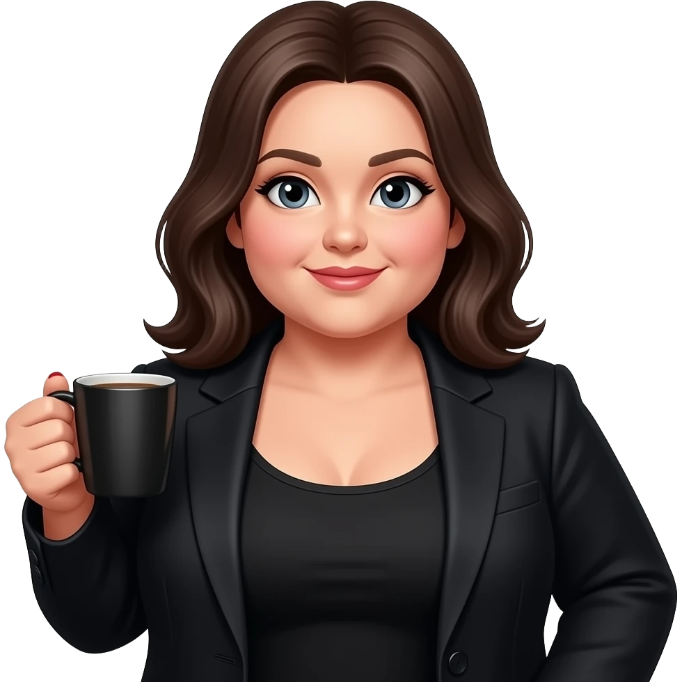 chubby white woman with dark brown shoulder length hair in a black suit and tank top with red fingernails holding a cup of coffee emoji