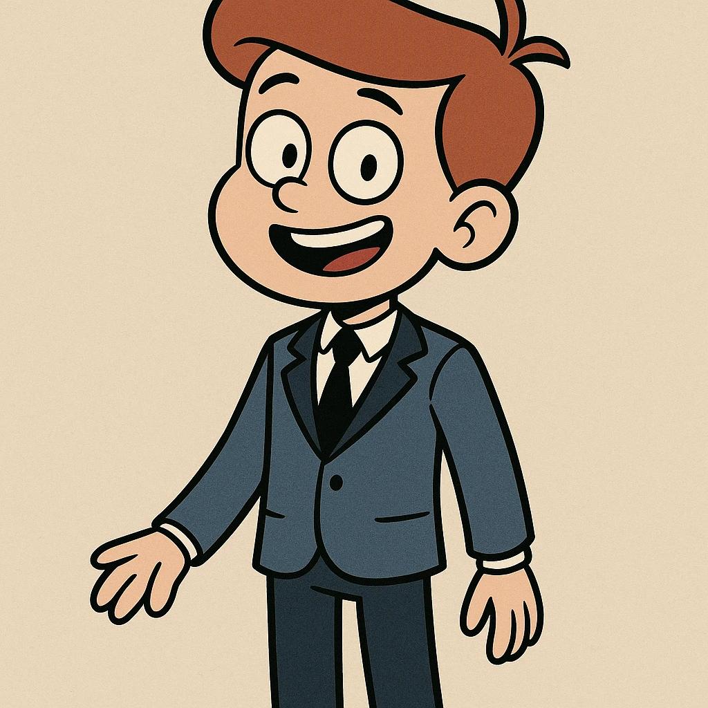 boy dressed in a blue and black suit, smiling, cartoon style emoji