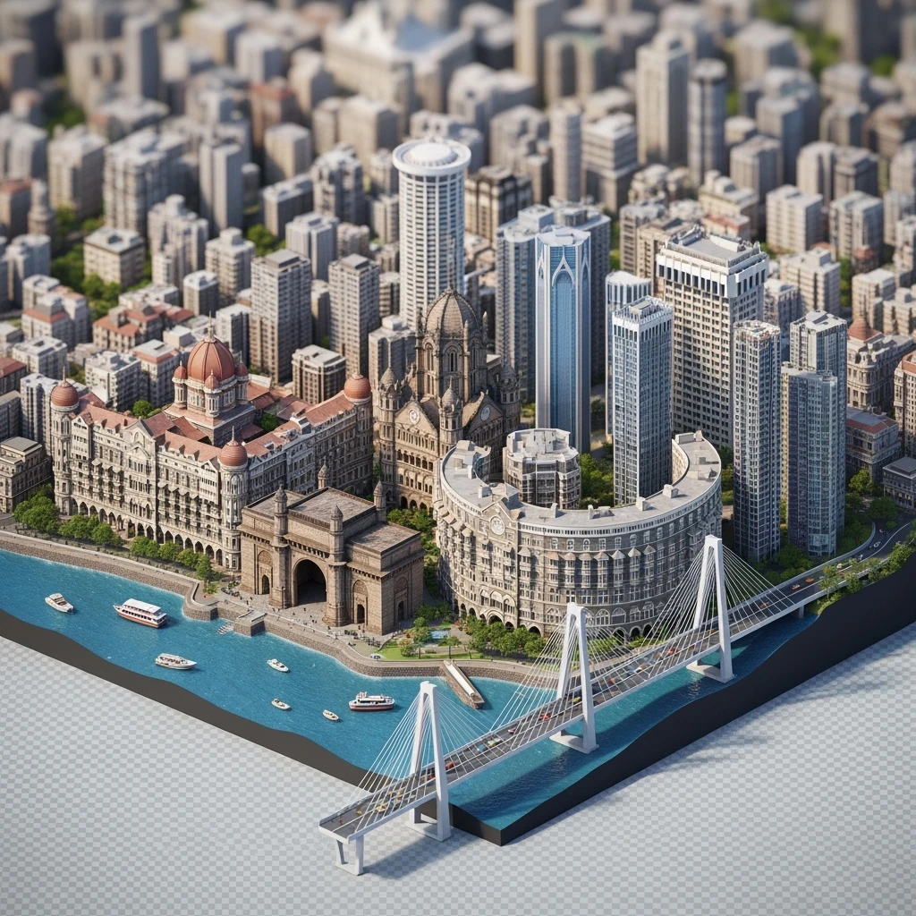 Isometric miniature of Mumbai city, featuring iconic landmarks like Gateway of India, Bandra-Worli Sea Link, Chhatrapati Shivaji Terminus,  clustered high-rises and skyscrapers, 3D miniature effect and Tilt Shift effect, no cartoonish look, transparent background. emoji