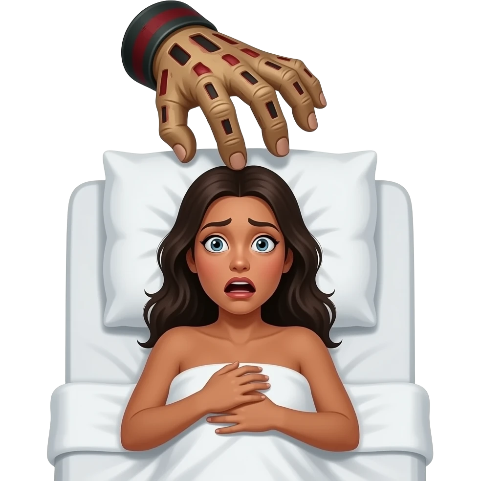 top view of a deeply tanned naked woman lying in bed clutching the bed sheets looking at the camera and is terrified by a dream of a giant freddy krueger's glove reaching out above her head emoji