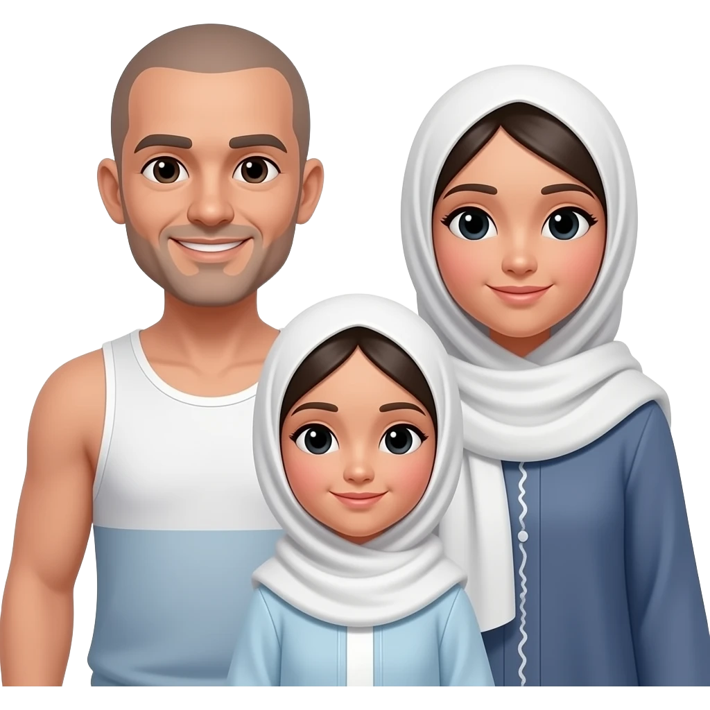 family the dad with short bald hair and tube  and me is a girl with a hijab and my mom have a abayah emoji