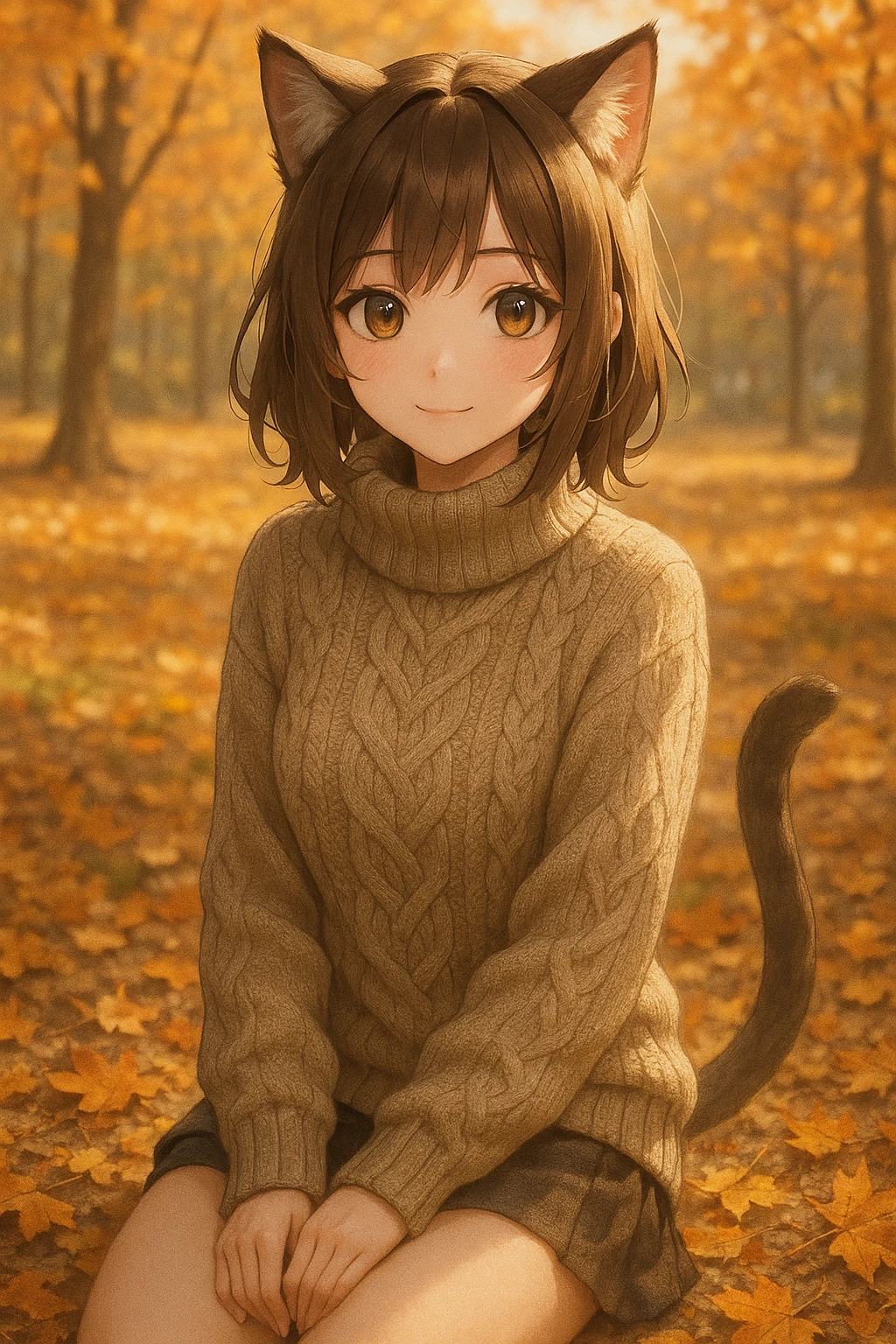 realistic anime catgirl in a cozy sweater, autumn park background, warm lighting emoji