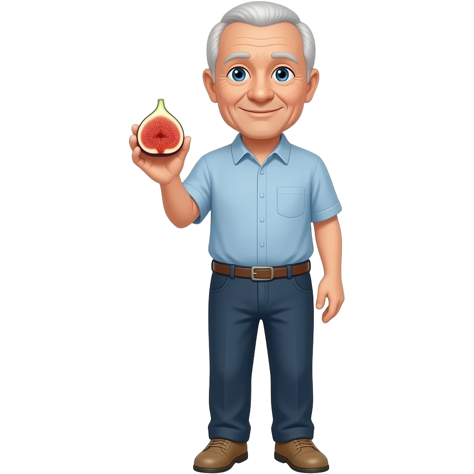 no beard, no mustache 72-year-old man shoes and a fig; emoji