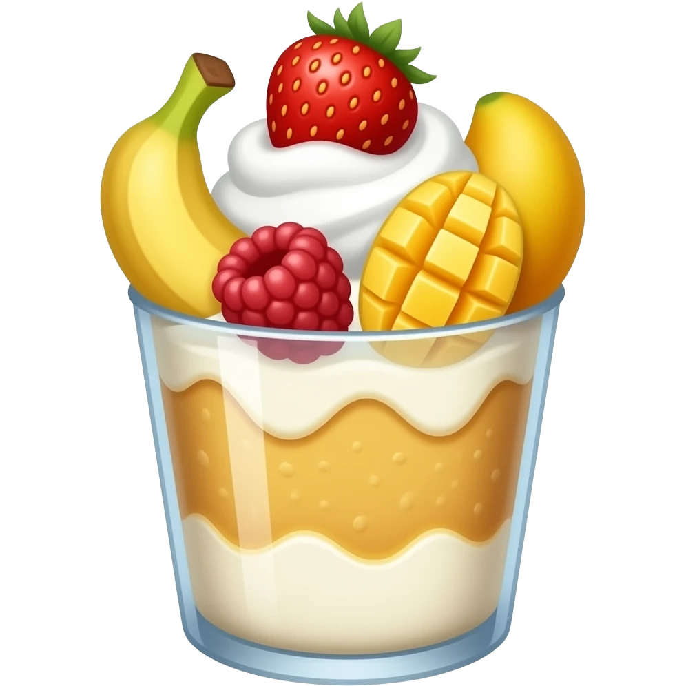 dessert cup with banana, strawberry, mango and raspberry emoji