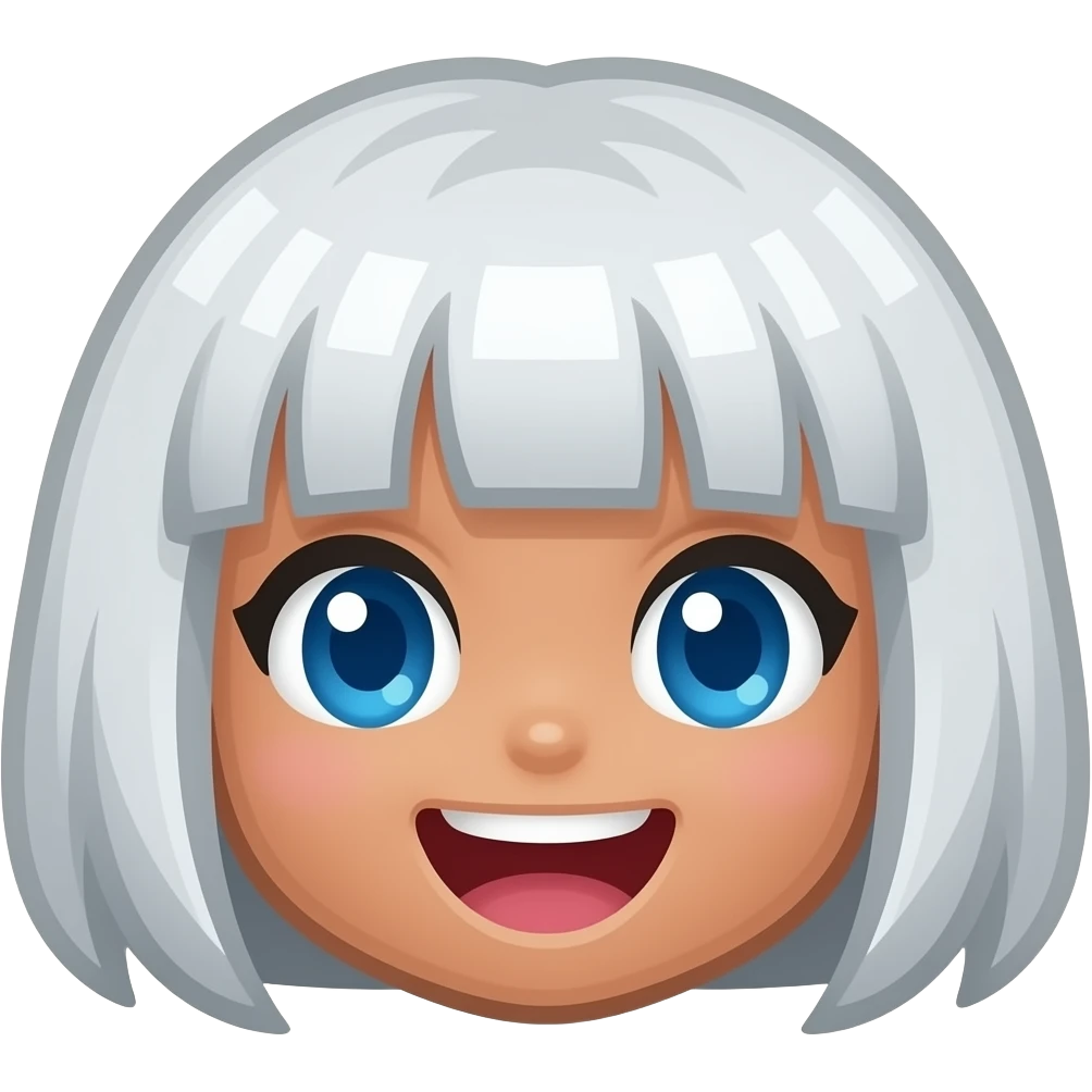 8-bit Chibi square pixelated head icon of a girl laughing white white short hair blue eyes pixel square eyes and brown skin emoji