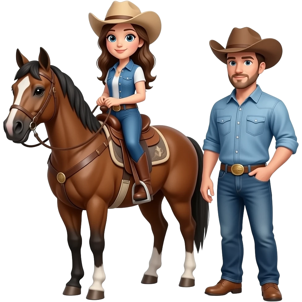 a cowgirl on a horse with her tall handsome cowboy standing next to her emoji