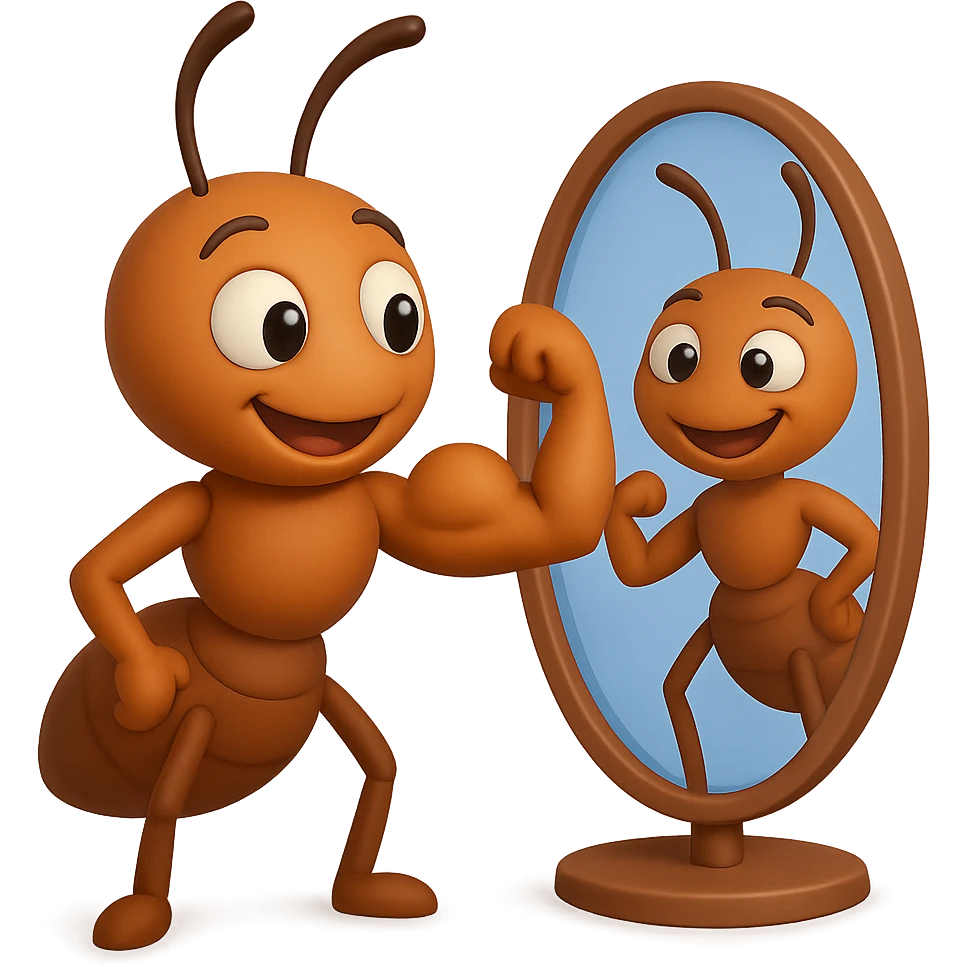 EMOJI STILE IPHONE 3D DI una formica che si guarda allo specchio felice e sicura di sè mentre contrae il suo bicipite muscoloso, fagli anche la parte bianca degli OCCHI, non solo la pupilla emoji