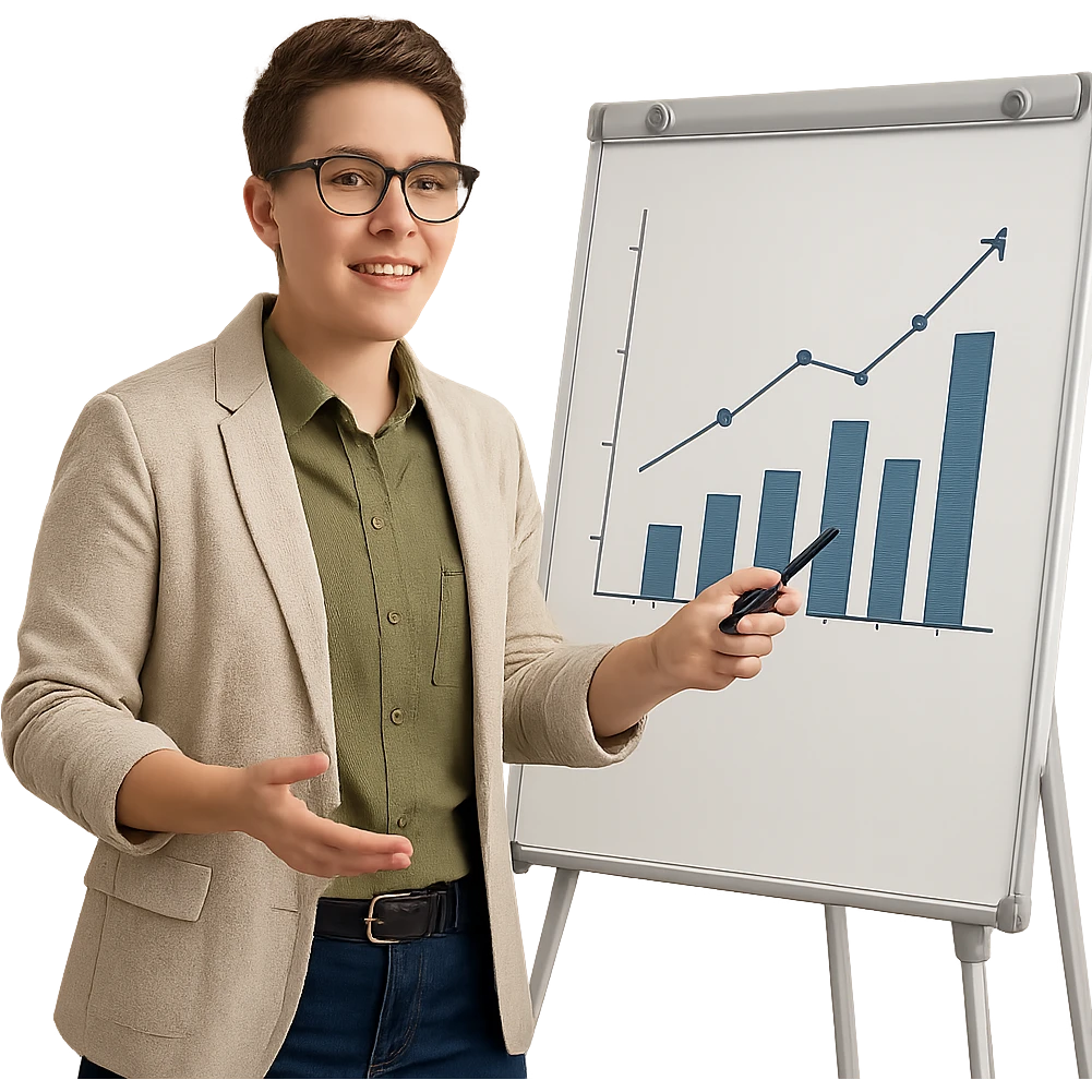 gender neutral marketer with glasses, giving a presentation, pointing at a chart, smart-casual clothing, clean background emoji