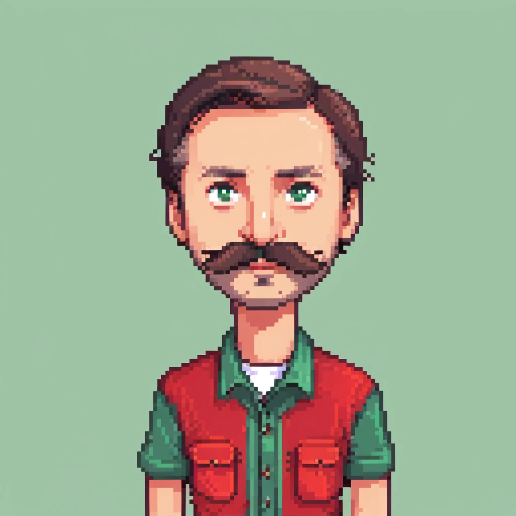 Recep İvedik as a pixel art sprite, iconic Turkish comedy character, thick mustache, expressive eyes, red shirt, playful pose emoji
