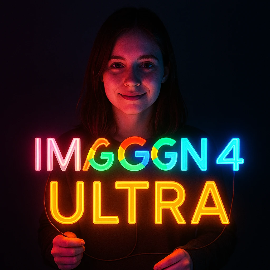 make a girl holding this sign, but sign in made of neon, also add ultra below the sign emoji