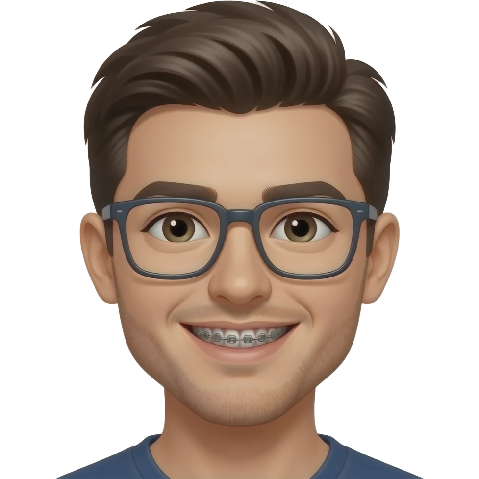 chico con braquets y gafas cuadradas , pelo tupe marron oscuro, pestañas largas ojos oscuros y piel blanca y un poco de barba emoji