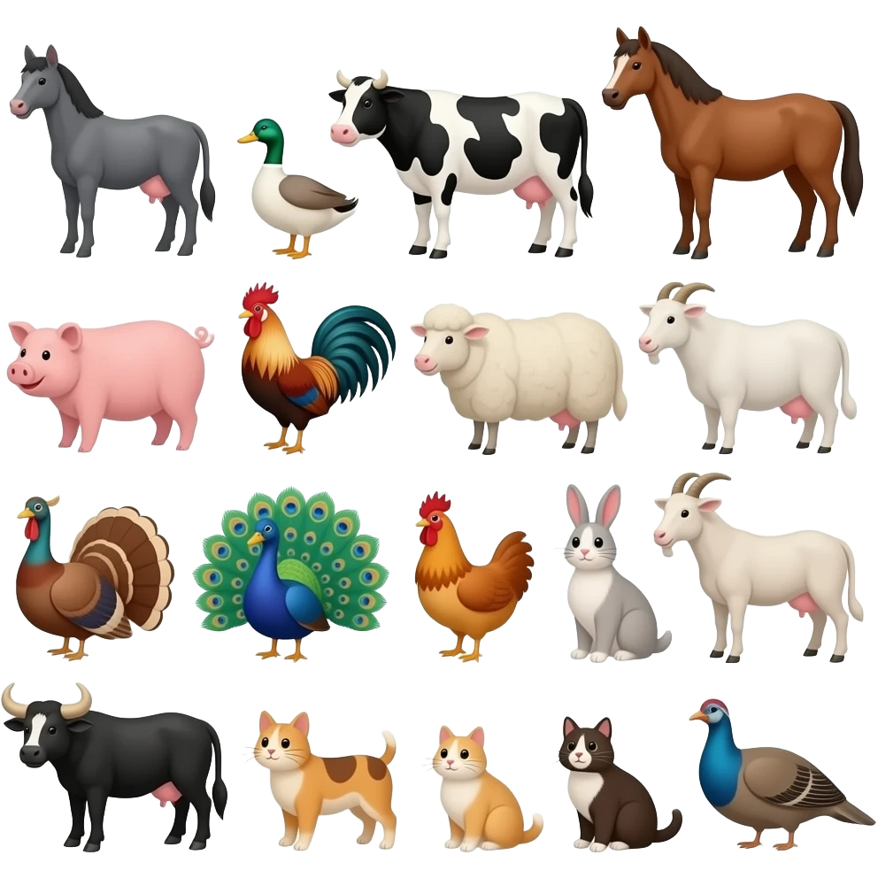 Farm animals: Donkey, duck, cow, horse, pig, rooster, sheep, goose, Turkey, peacock, rabbit, chicken, goat, dog, cat, bull, Guinea pig, quail, and guineafowl emoji