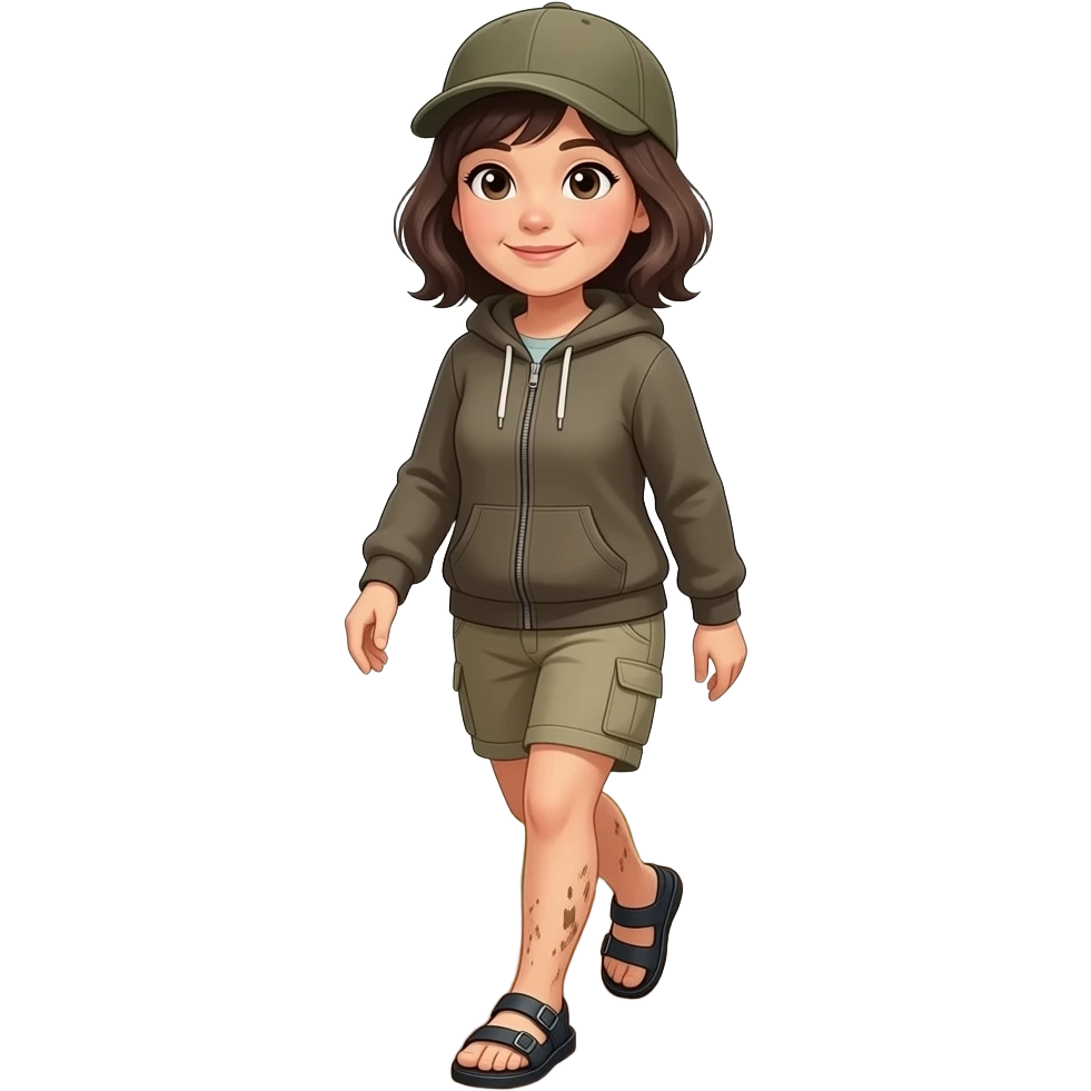 58 year old Woman in Birkenstocks, no socks, muddy feet and legs, cargo capri shorts, hoodie, dark brown shoulder length hair with silver streaks, walking on a trail emoji