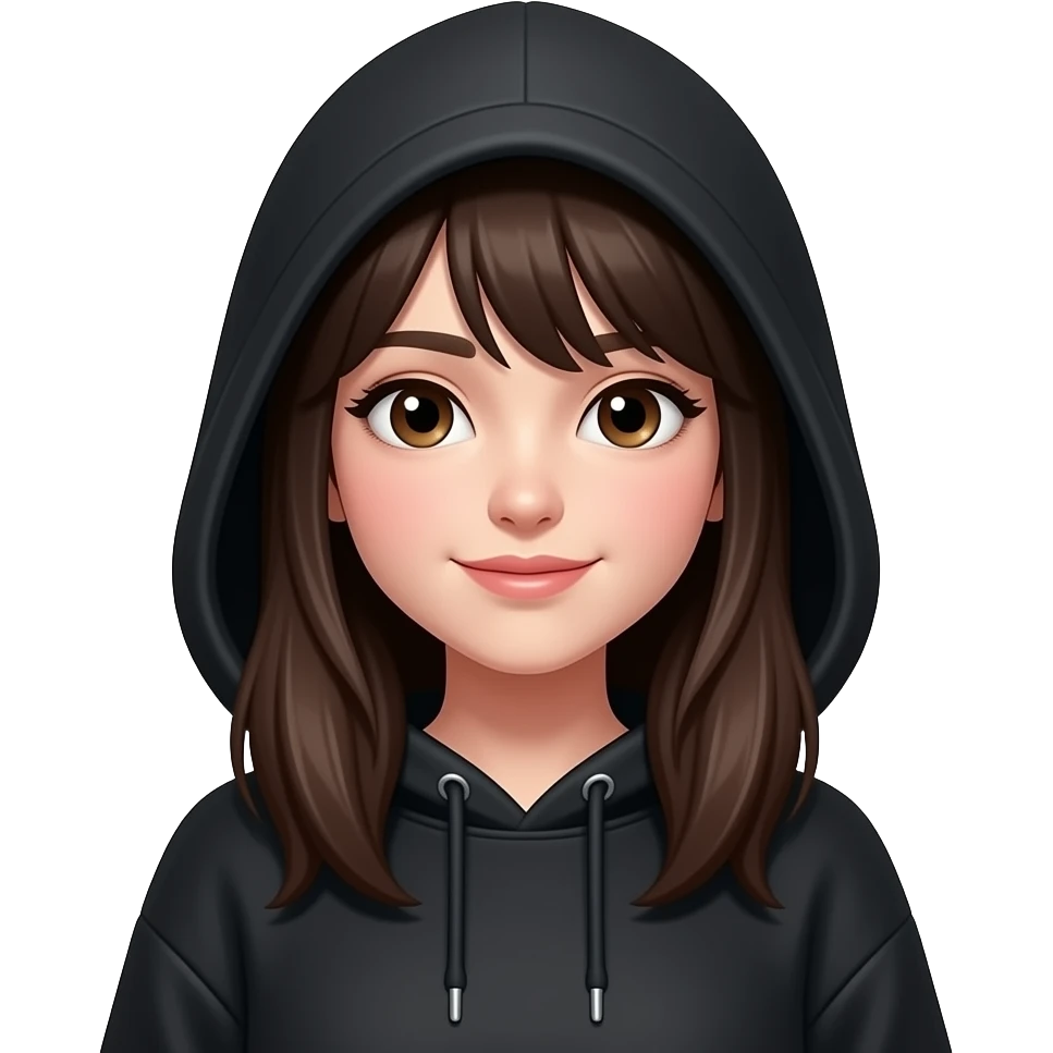Момиче с дълга тъмна кафява коса и Бритон да не и се вижда лицето с бритончето и черно женско худи emoji