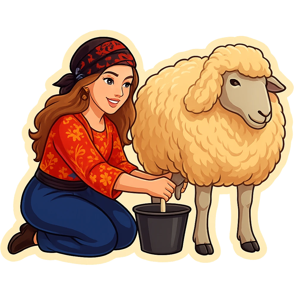 Kurdish cartoon sticker of the same woman in the new Kurdish dress milking a standing sheep. The woman's hands are on the udder, and the bucket is clearly placed between the two back legs behind the sheep in the correct position. Realistic and clear cartoon style, no text, transparent background. emoji