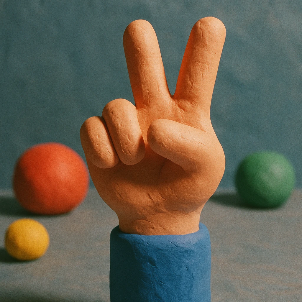 hand making a V sign, claymation style emoji