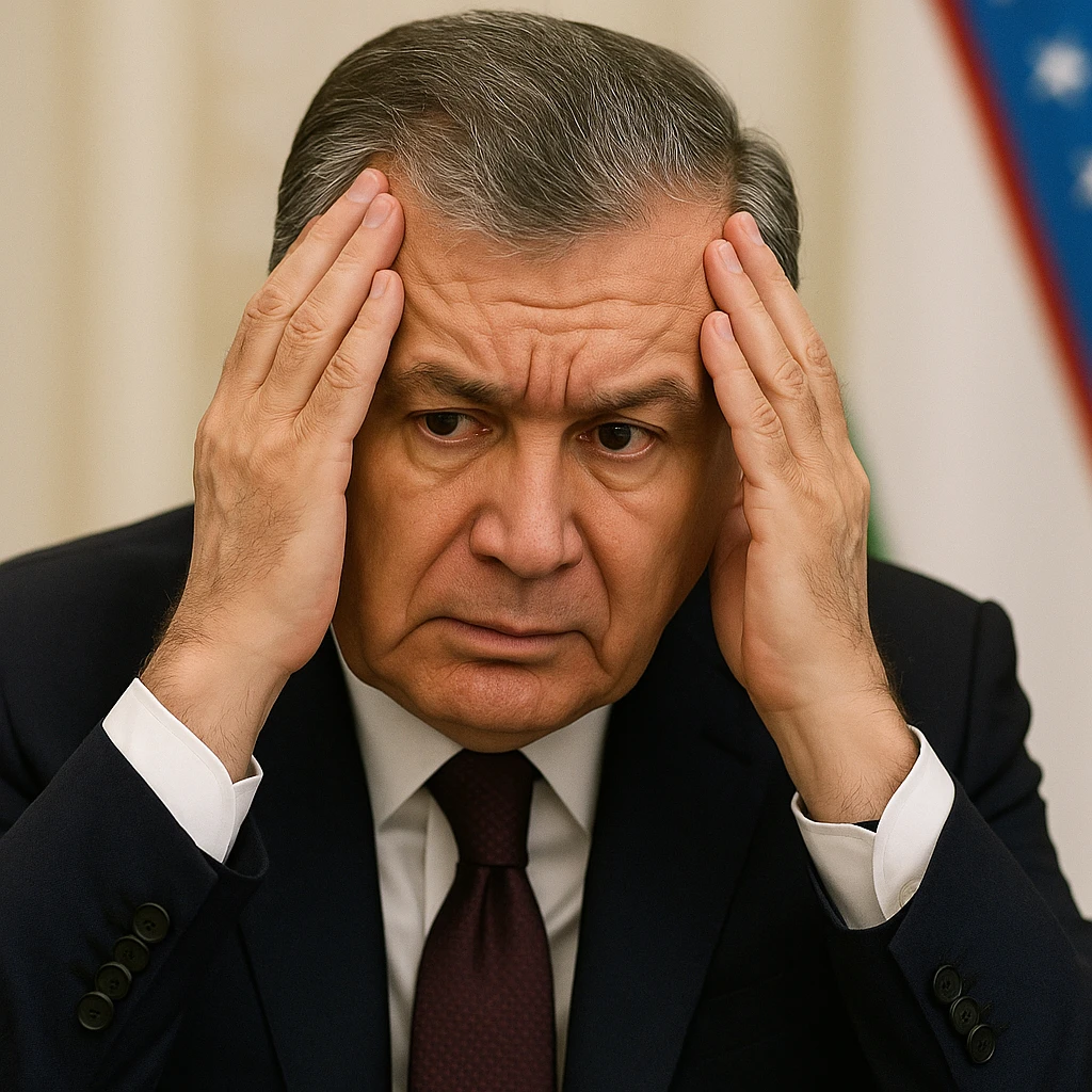 Сгенерируй мне Шавката Мерзиеева (президента Узбекистана) который держится за голову и обеспокоен emoji