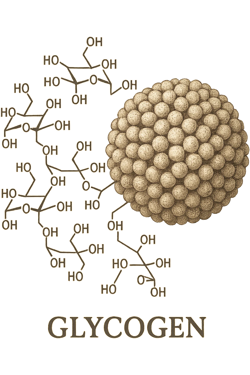 realistic and detailed illustration of glycogen, represented as molecular structure or granular accumulation, scientific style, isolated on transparent background, aspect ratio 2:3 emoji