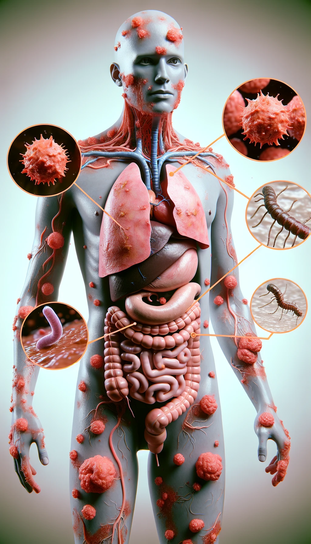 corpo umano anatomico con cellule tumorali intorno, cancro e malessere generale, parassiti come la tenia intorno, sfondo neutro chiaro, iperrealistico 4k emoji