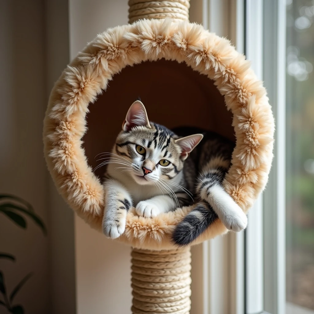 cats relaxing in a vertical playhouse emoji