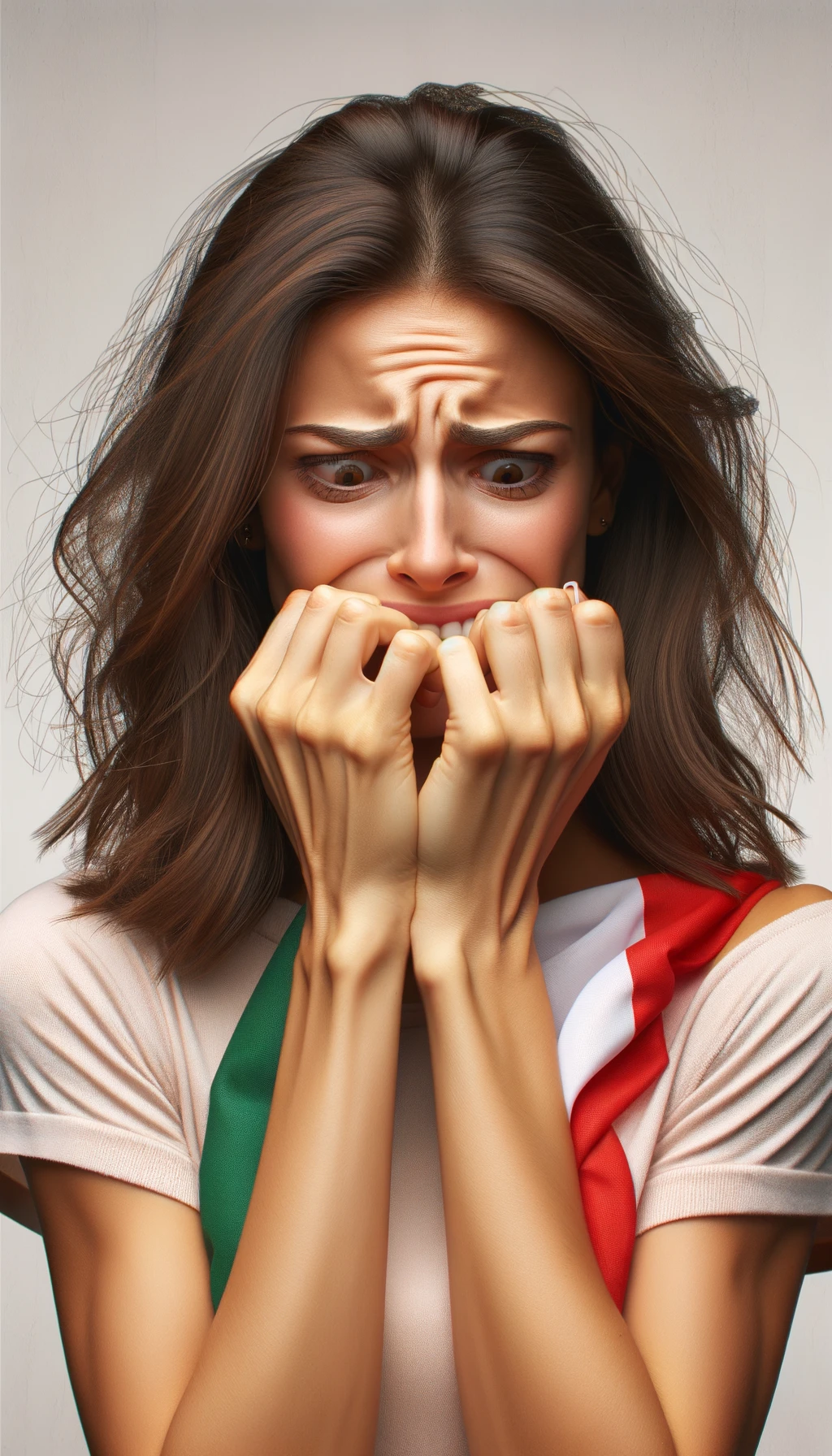 DONNA  che si mangia le unghie per il nervosismo, sfondo chiaro, iperrealistica 4k emoji