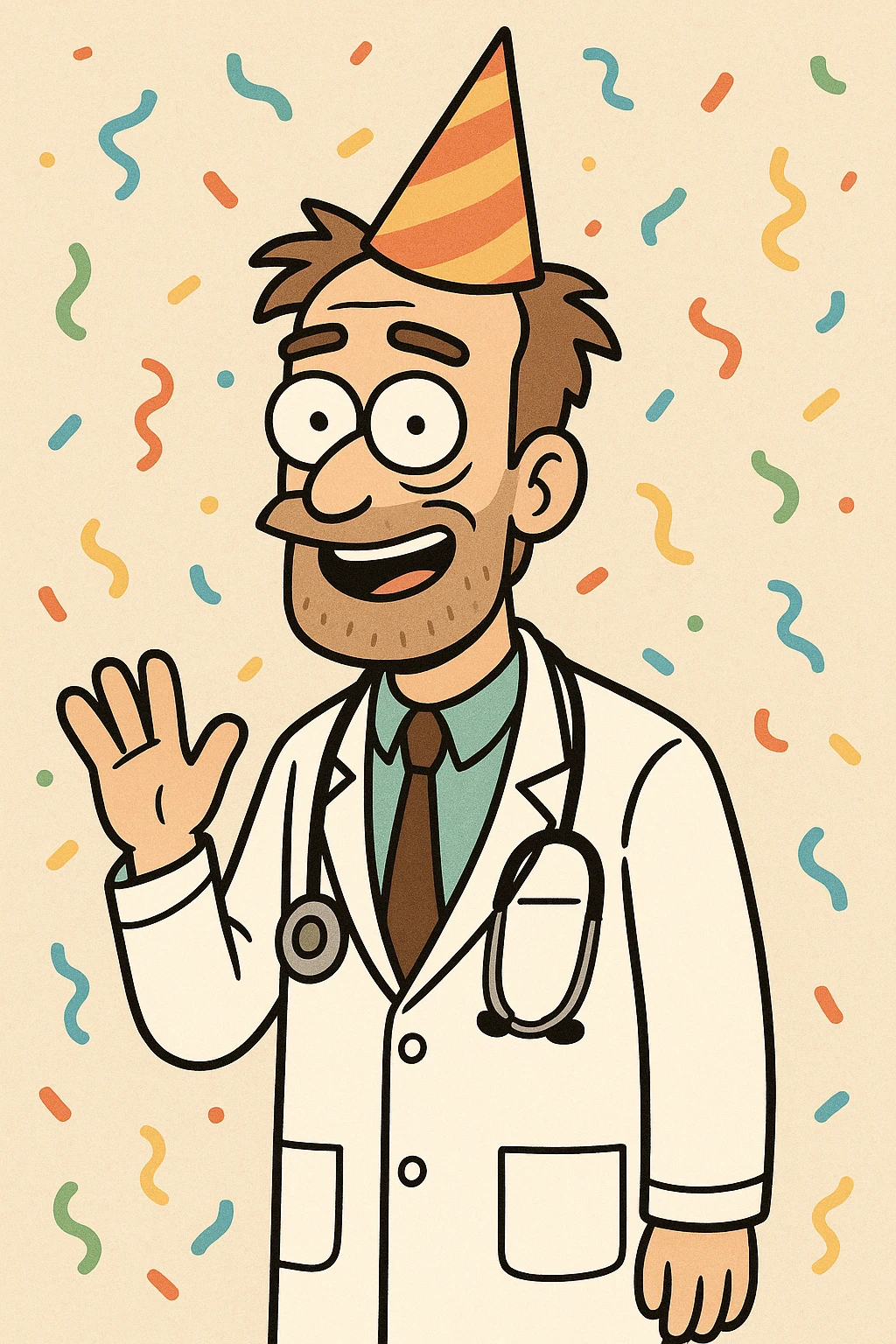 cartoon doctor in lab coat, festive party hat, confetti background emoji